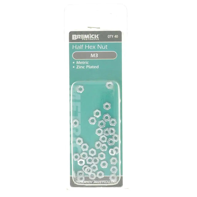 Pack of Brimick half hex nuts on a white background