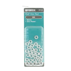 Pack of Bremik half hex nuts with clear plastic packaging on a white background