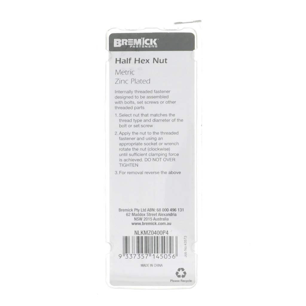Bremick M4 Half Hex Nut Zinc 30Pcs NLKMZ0400P4