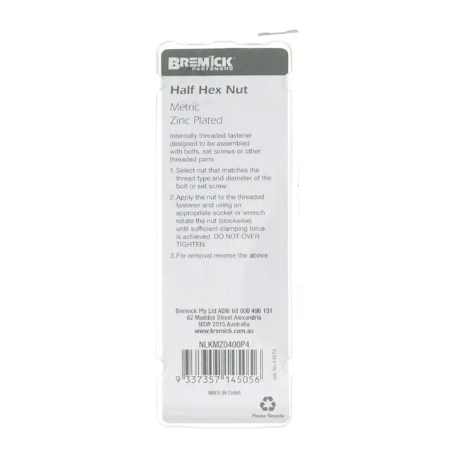 Bremick half hex nut packaging with text on a white background