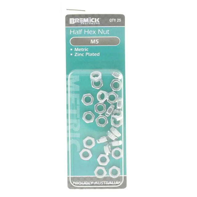 Pack of Bremick half hex nuts on a white background