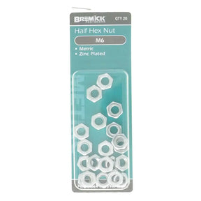 Pack of Bremick half hex nuts on a white background