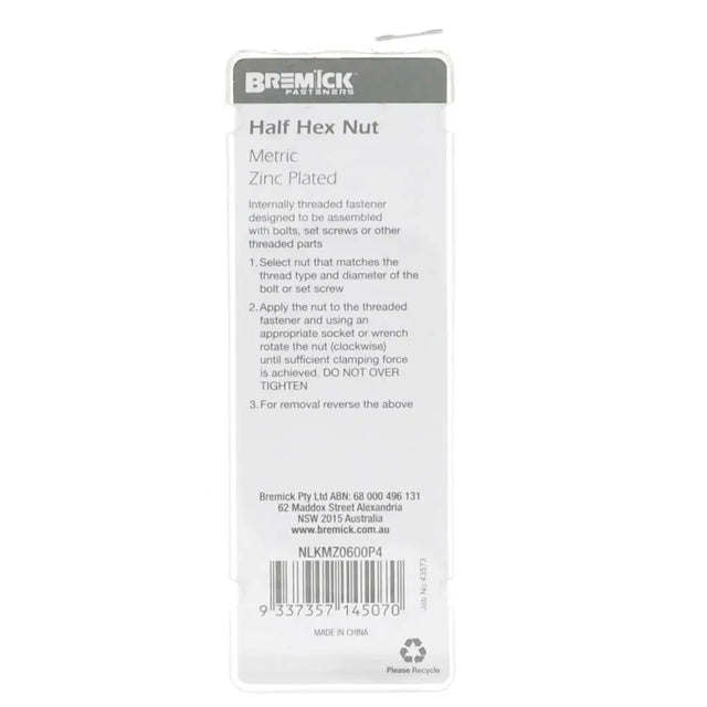 Bremick half hex nut packaging with product details on a white background
