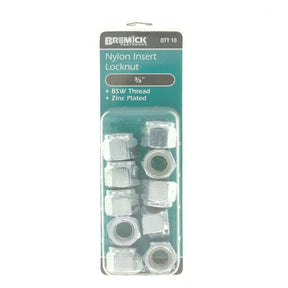 Pack of 10 nylon insert locknuts with BSW thread and zinc plating on a white background.