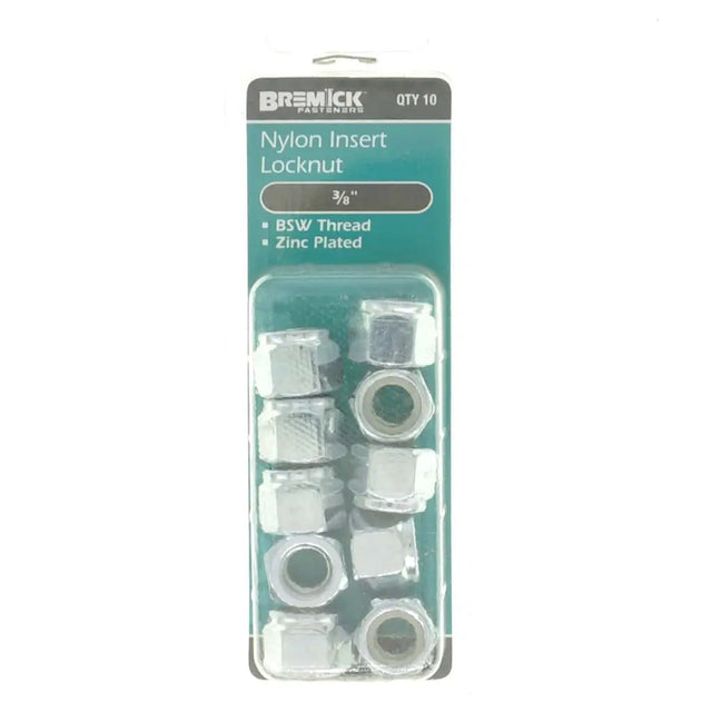 Pack of 10 nylon insert locknuts with BSW thread and zinc plating on a white background.