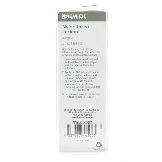 Bremick Nylon Insert Locknut packaging with text and barcode on a white background