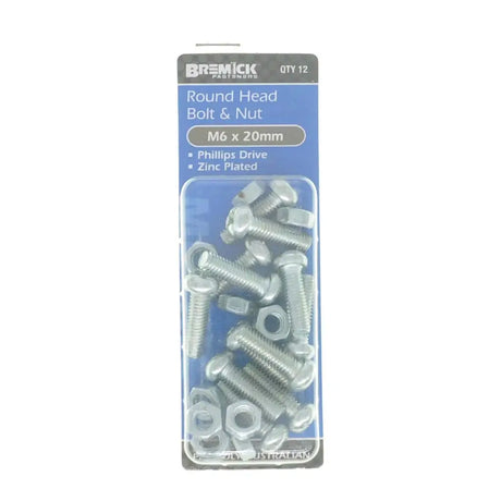 Pack of round head bolts and nuts with Bremick branding on a white background