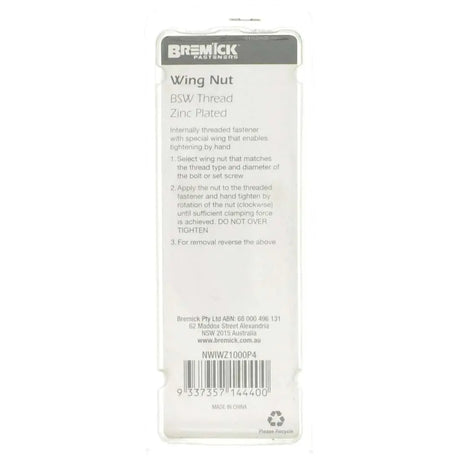 Bremick wing nut packaging with text on a white background