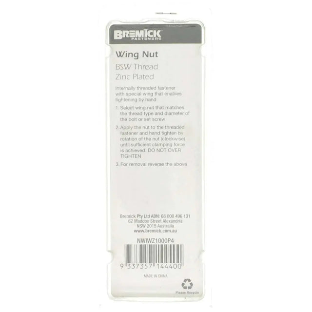 Bremick wing nut packaging with text on a white background