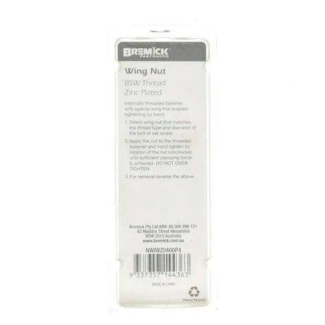 Bremick wing nut packaging with text and barcode on a white background