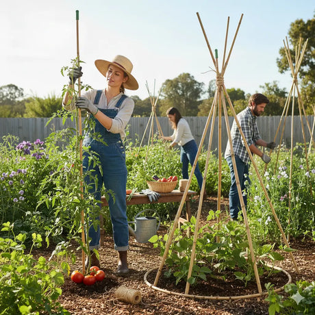 People working in a garden with plants and tools