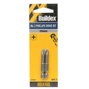 Buildex No. 2 Phillips Drive Bit 50mm set in its original retail packaging, featuring two silver metal bits on a yellow and black backing card.