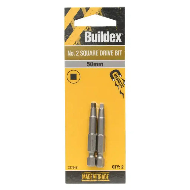 Buildex No. 2 Square Drive Bit 50mm, packaged in a yellow and black retail card with two metal bits visible.