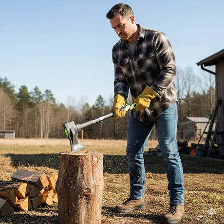 Man chopping wood with an axe outdoors on a sunny day