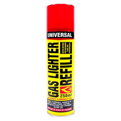 A 250ml can of Universal Gas Lighter Refill, featuring a bright red cap and a yellow label with black and red text.