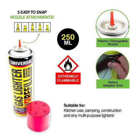 A 250 ml universal gas lighter refill can shown on a white background with feature callouts, including five easy nozzle attachments, a plastic changeable nozzle, an extremely flammable warning label, and a hand demonstrating adapter selection.