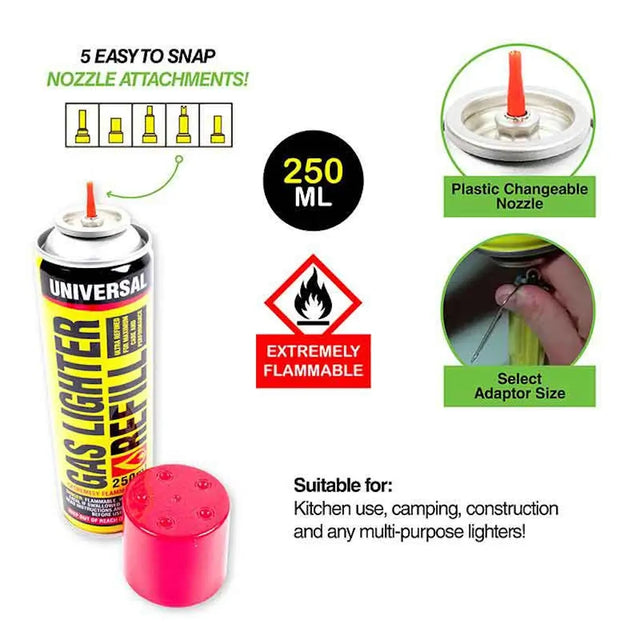 A 250 ml universal gas lighter refill can shown on a white background with feature callouts, including five easy nozzle attachments, a plastic changeable nozzle, an extremely flammable warning label, and a hand demonstrating adapter selection.