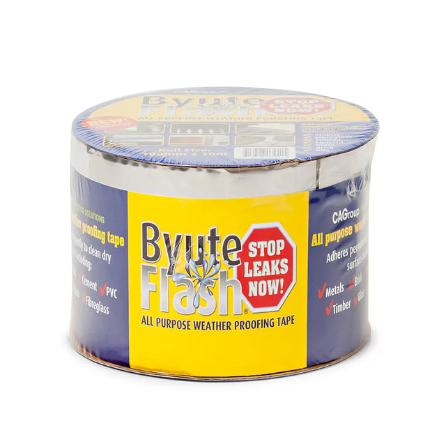 Roll of Byute Flash all-purpose weatherproofing tape on a white background