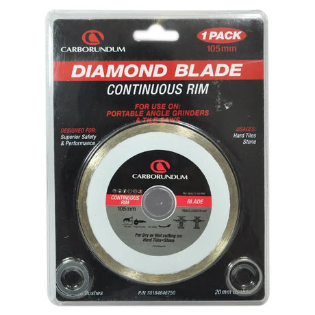 Carborundum 105mm continuous rim diamond blade for angle grinders and tile saws, in its original retail blister packaging.
