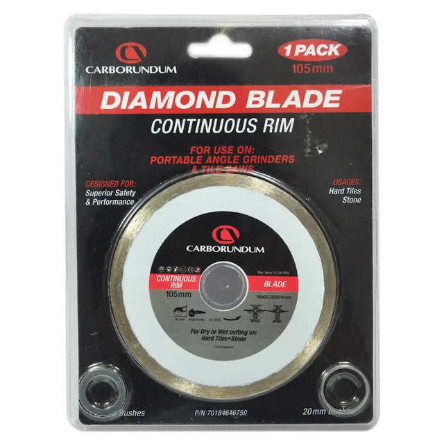 Carborundum 105mm continuous rim diamond blade for angle grinders and tile saws, in its original retail blister packaging.