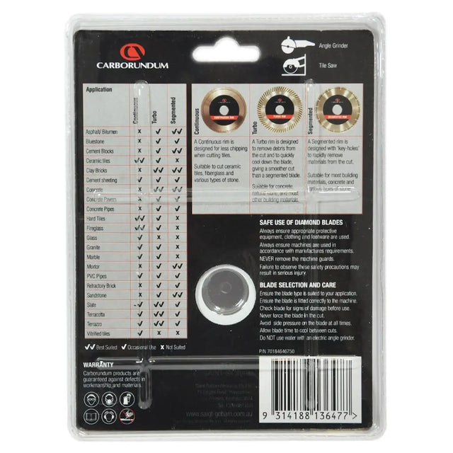 Carborundum angle grinder disc set in clear plastic blister packaging, showing multiple diamond blades, an instruction chart, and a warning label.