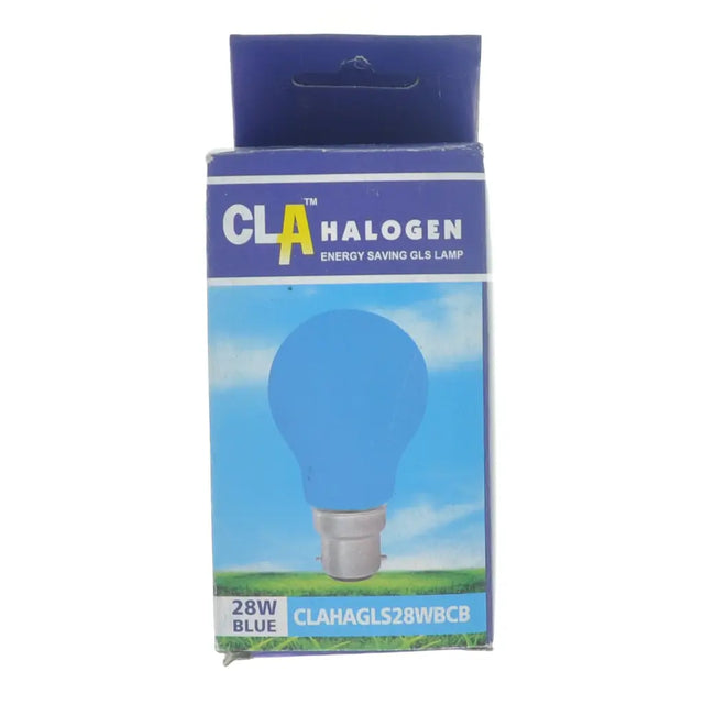 Blue light bulb packaging with CLA Halogen branding on a white background