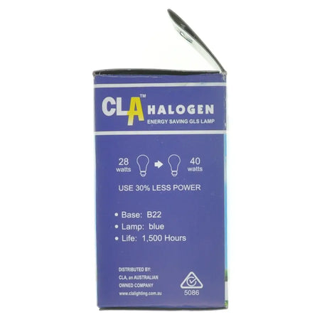 Box of CLA Halogen energy-saving GLS lamp on a white background