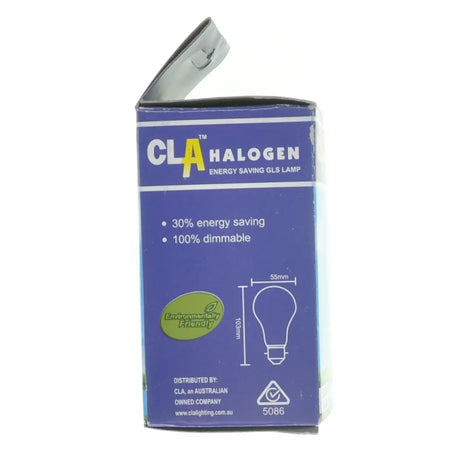 Box of CLA Halogen energy-saving GLS lamp on a white background
