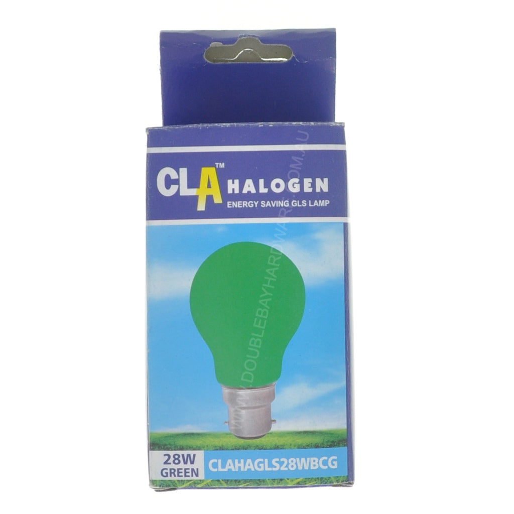 CLA GLS Coloured Halogen Light Bulb B22 240V 28W Green CLAHAGLS28WBCG