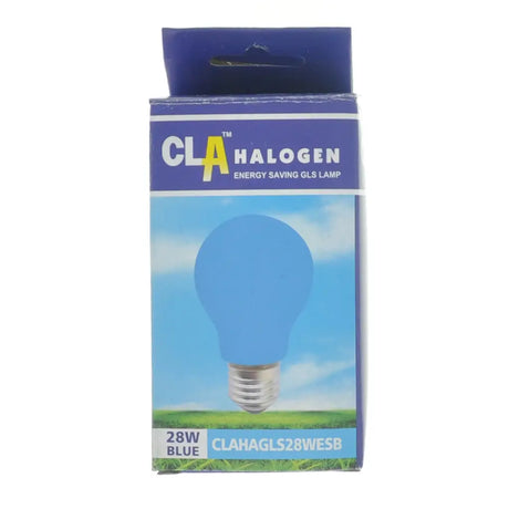 Blue halogen light bulb in packaging with 'CLA' branding on a white background