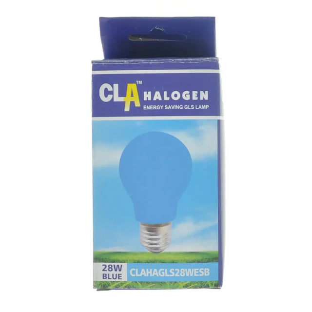 Blue halogen light bulb in packaging with 'CLA' branding on a white background