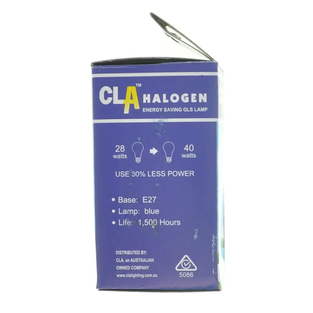 Box of CLA Halogen energy-saving GLS lamp on a white background