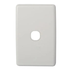 White wall plate with a single hole on a white background