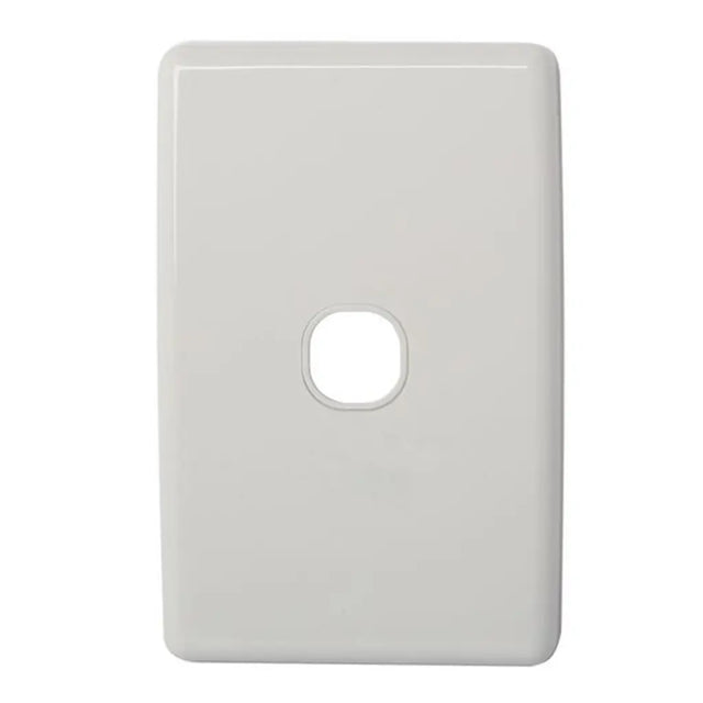 White wall plate with a single hole on a white background
