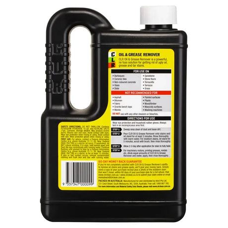 Black bottle of CLR Oil & Grease Remover with yellow label on a white background