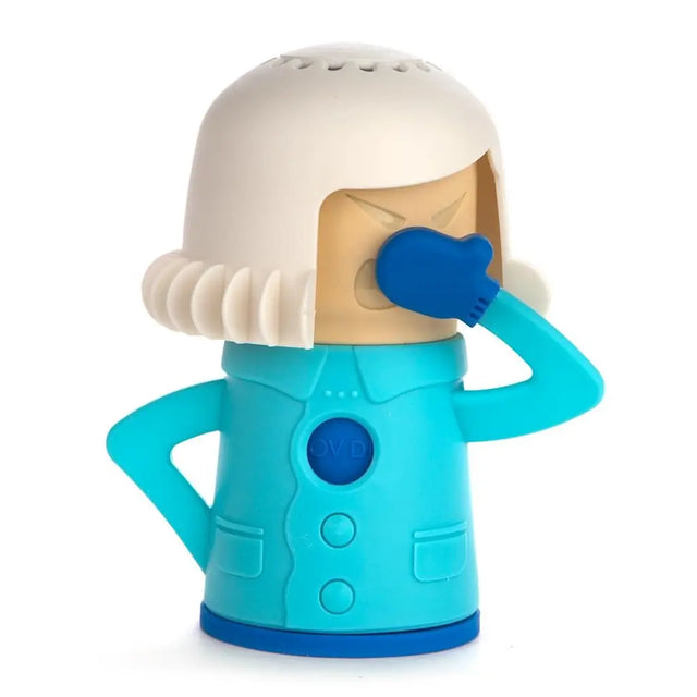 Toy figure of a character with a blue coat and beige head on a white background