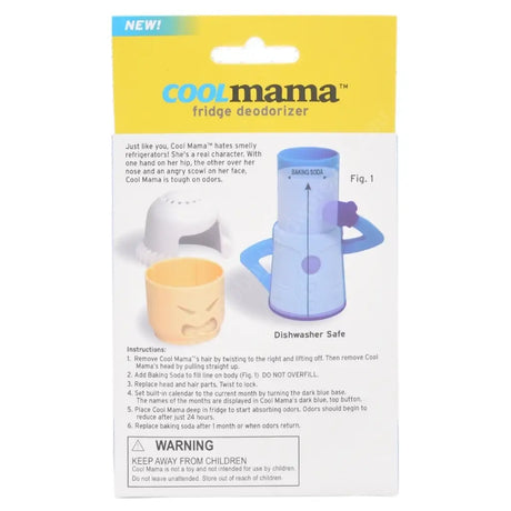 Cool Mama fridge deodorizer packaging with text and illustrations on a white background