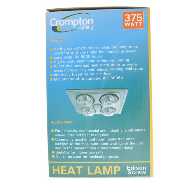 Crompton Lighting heat lamp packaging with specifications on a blue background