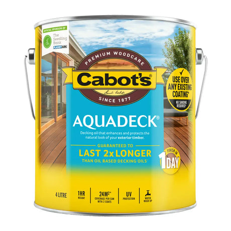Cabot's Aquadeck wood care product can with a wooden deck background