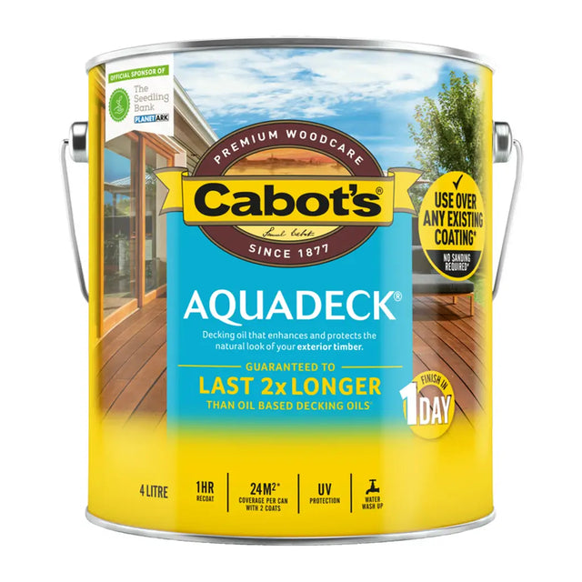 Cabot's Aquadeck wood care product can with a wooden deck background