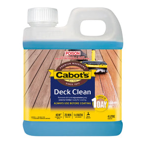 Cabot's Deck Clean bottle with wooden deck background on a white background