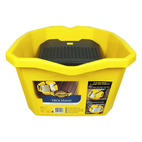 Yellow cleaning bucket with black scrubber on a white background