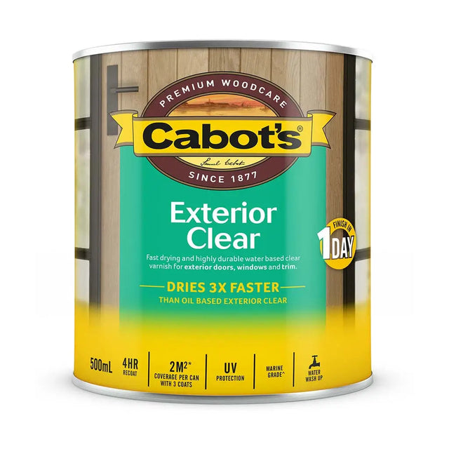 Can of Cabot's Exterior Clear woodcare product on a white background
