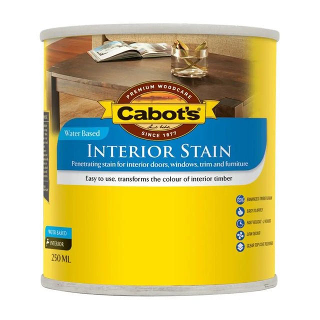 Can of Cabot's Interior Stain with a wooden surface background