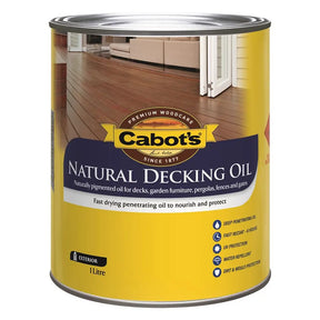 Can of Cabot's Natural Decking Oil with a wooden floor background