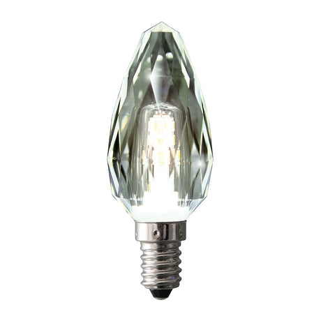 Clear LED light bulb with decorative design on a white background