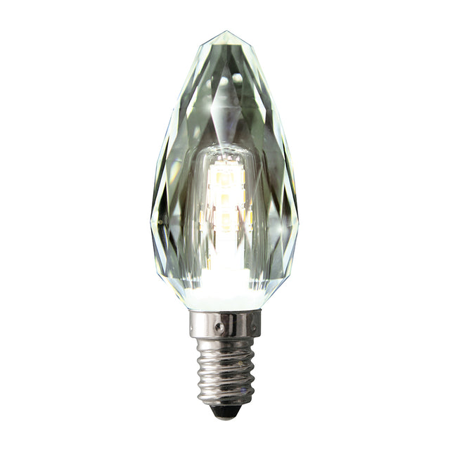 Clear LED light bulb with decorative design on a white background