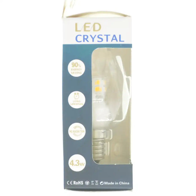 LED crystal light bulb in packaging with specifications on a white background