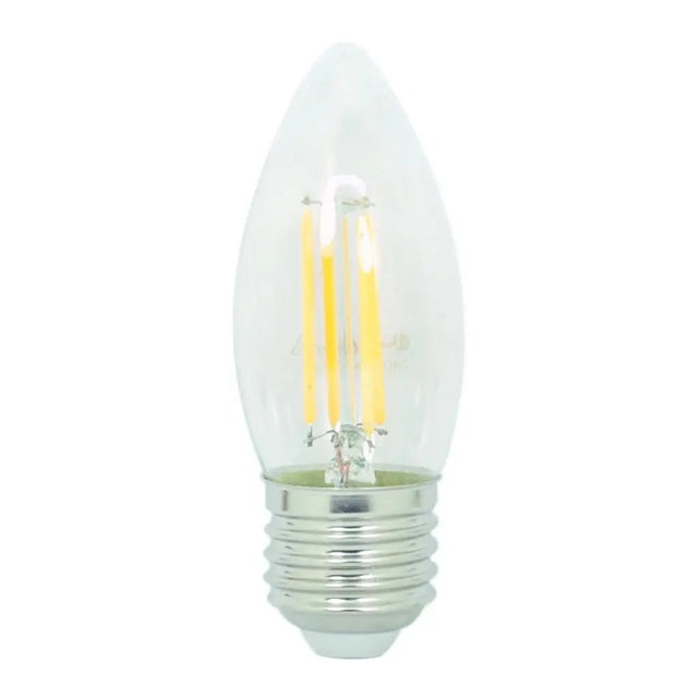 Clear candle shape LED light bulb on a white background