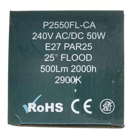 Technical label on a green background with specifications and certifications.